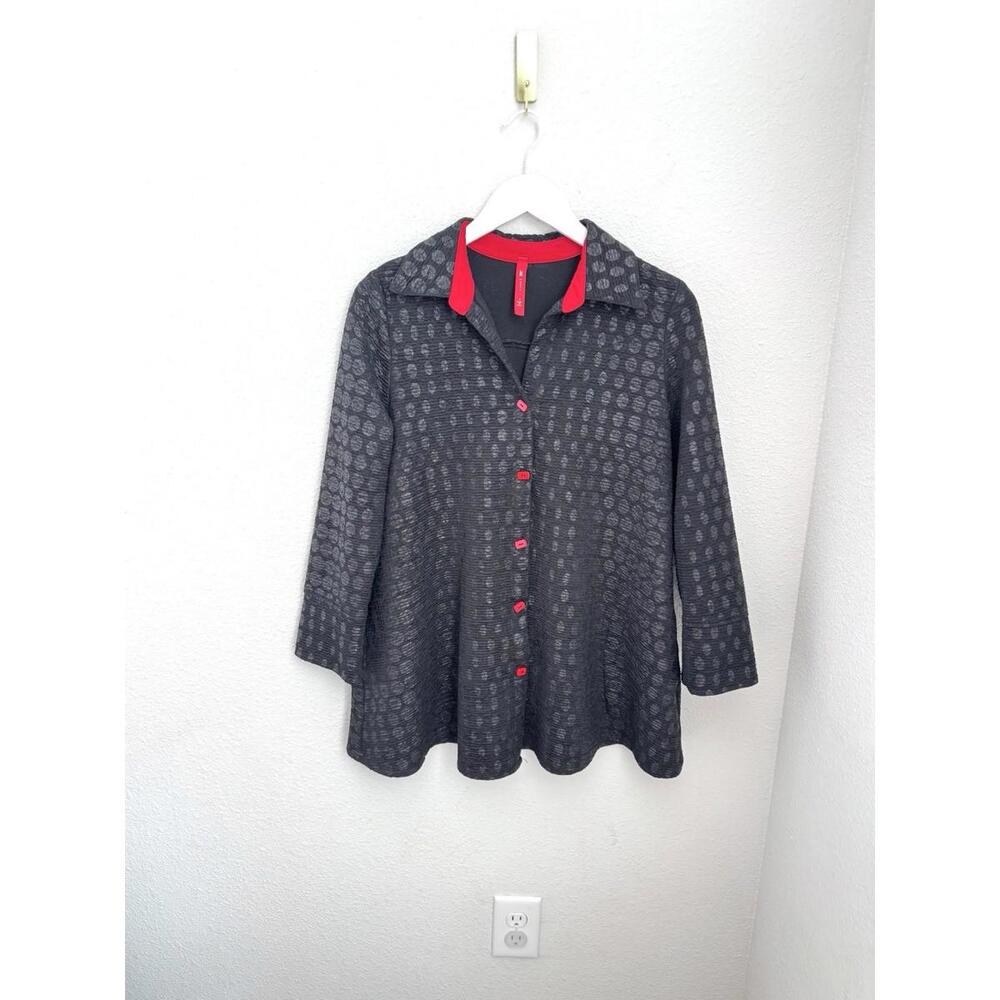 IC by Connie K Womens Sz S Textured Tunic Top Black Button Front Artsy Lagenlook